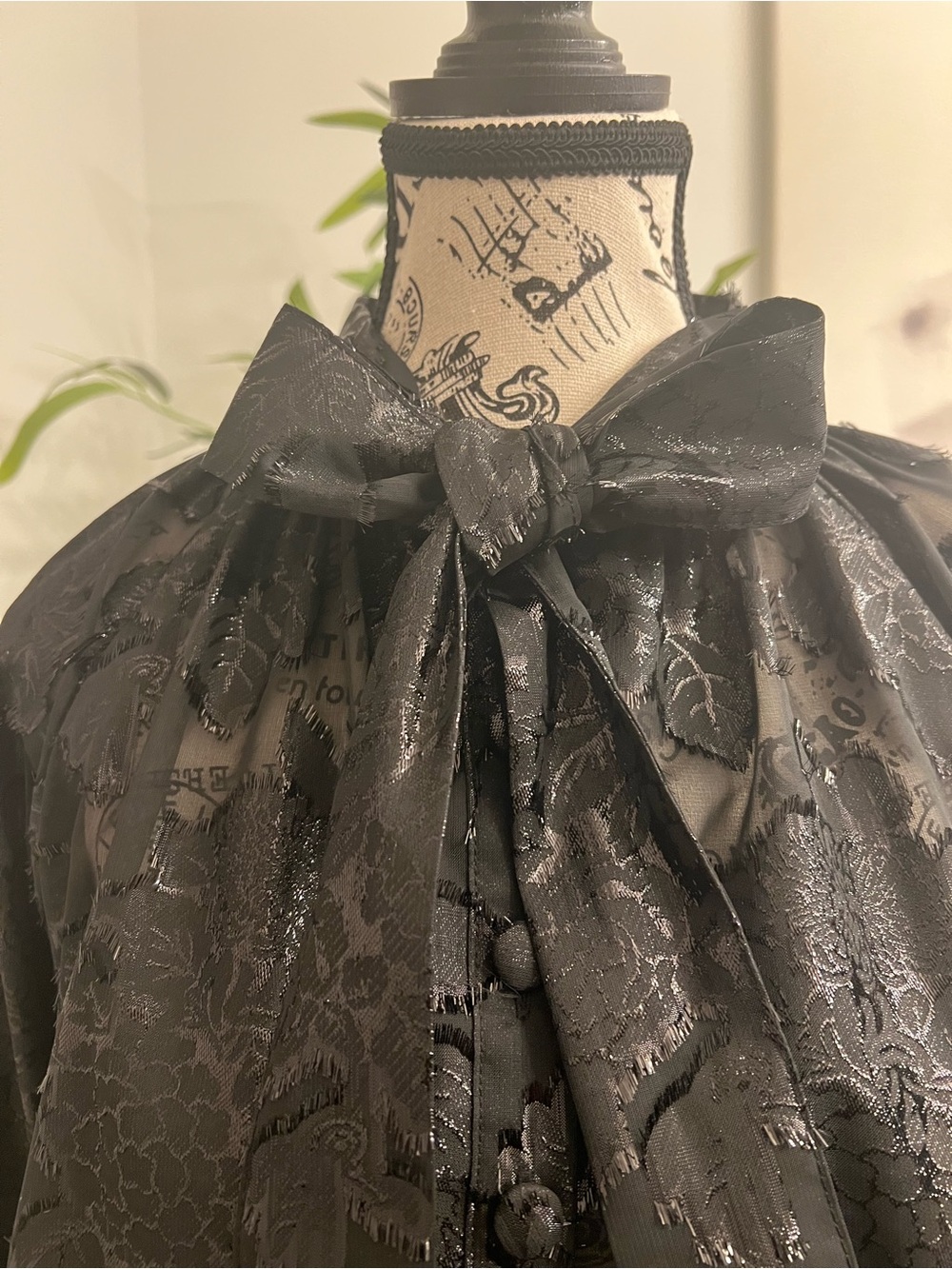 Worthington Black Metallic Jacquard Sheer Blouse with Bow Neck